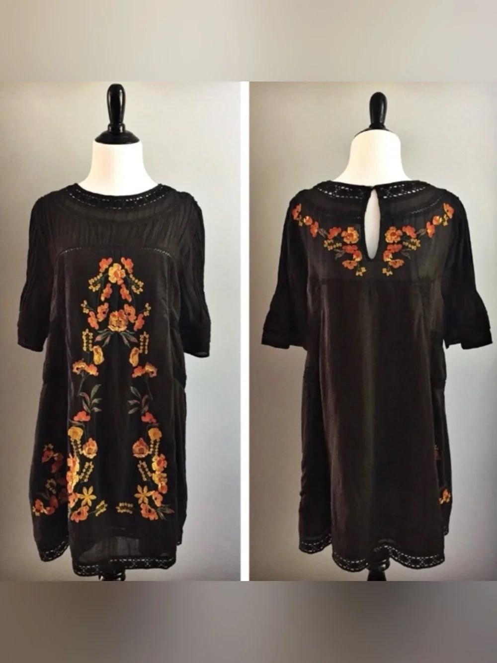Free People Perfectly Victorian Embroidered Mini Dress in Black & Orange, Small